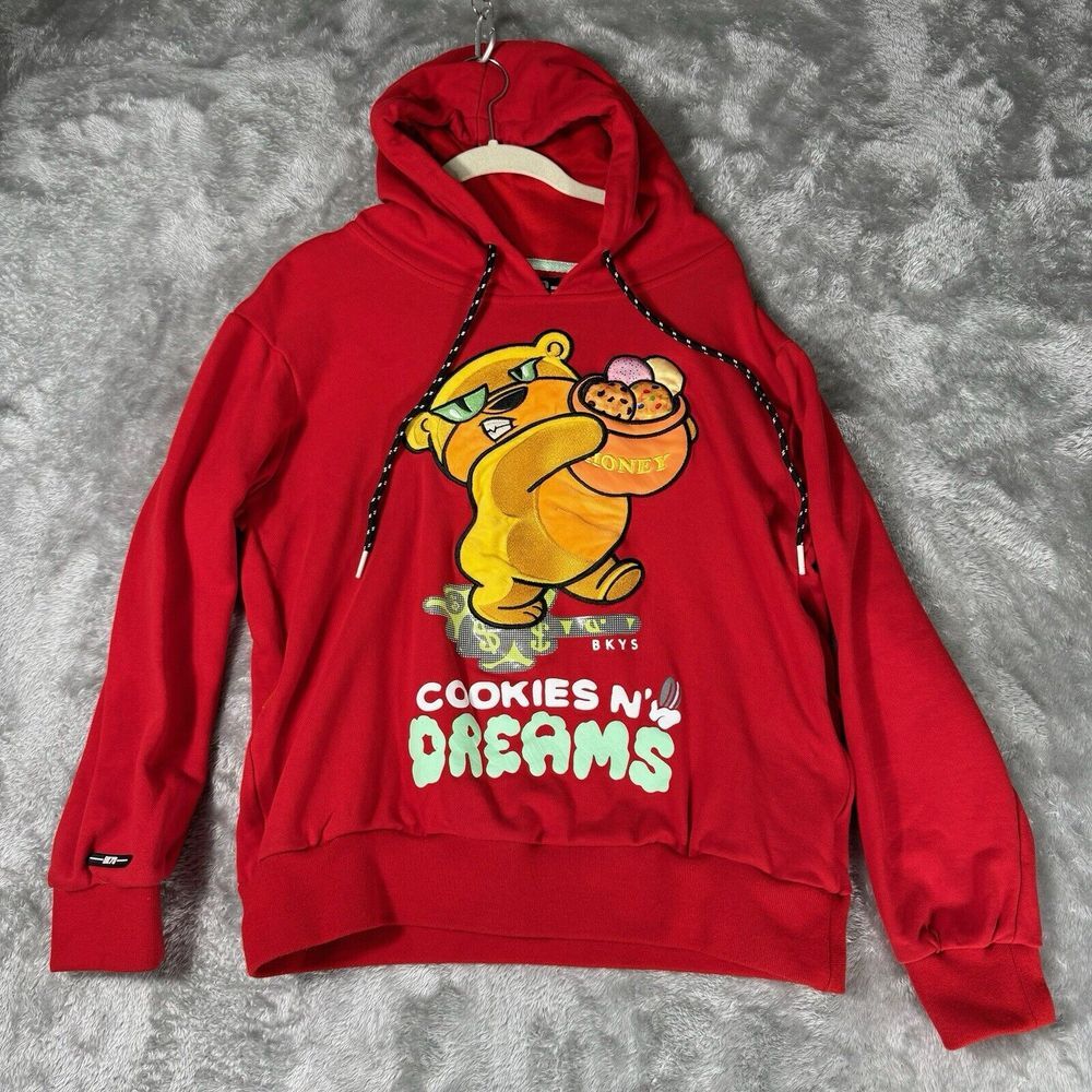 Bkys Cookies N Dreams Hoodie Mens Small Red Sweatshirt Bear Spellout Sweater